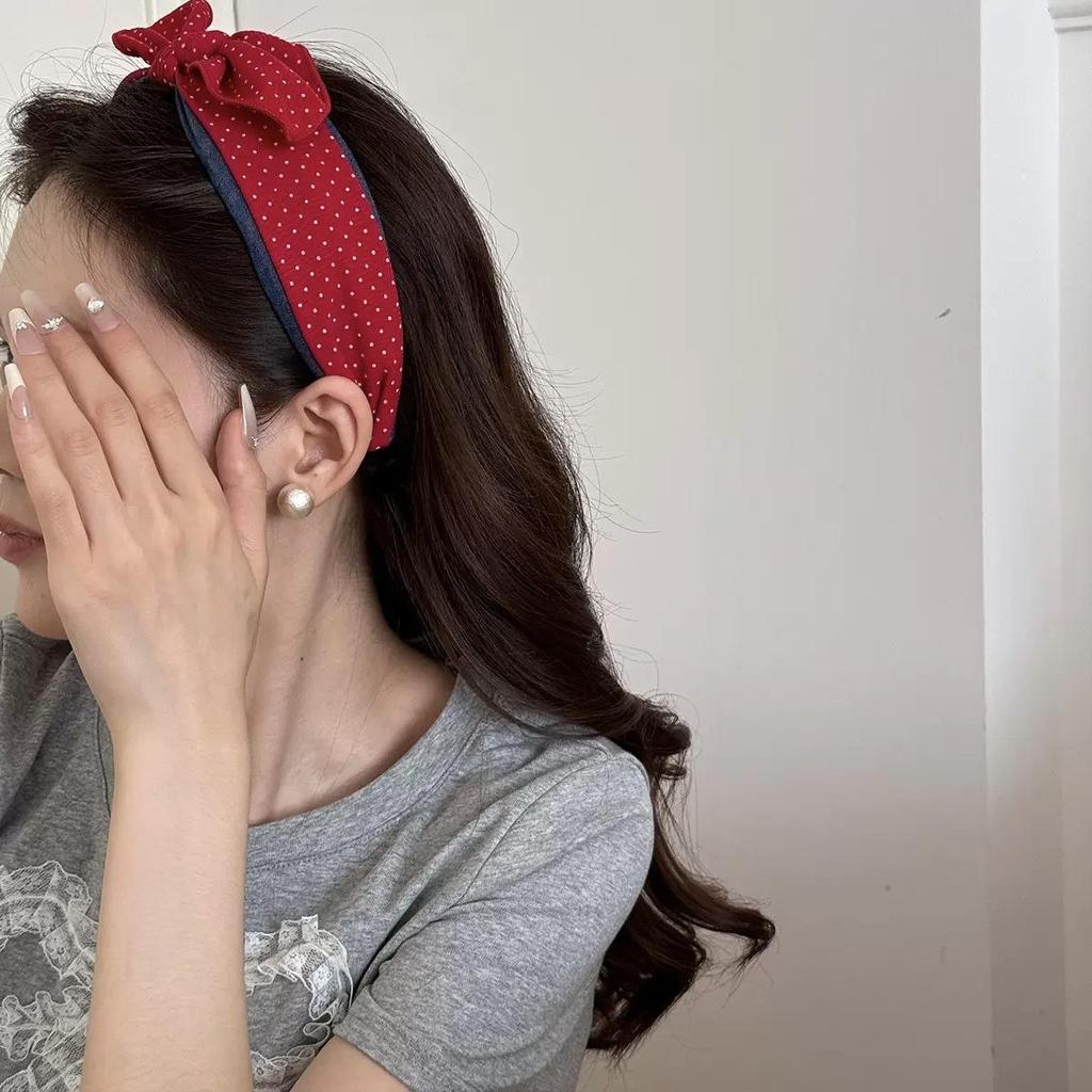 Корейская клетчатая темно-синяя повязка на голову с бантом и нескользящими зубцами для женщин