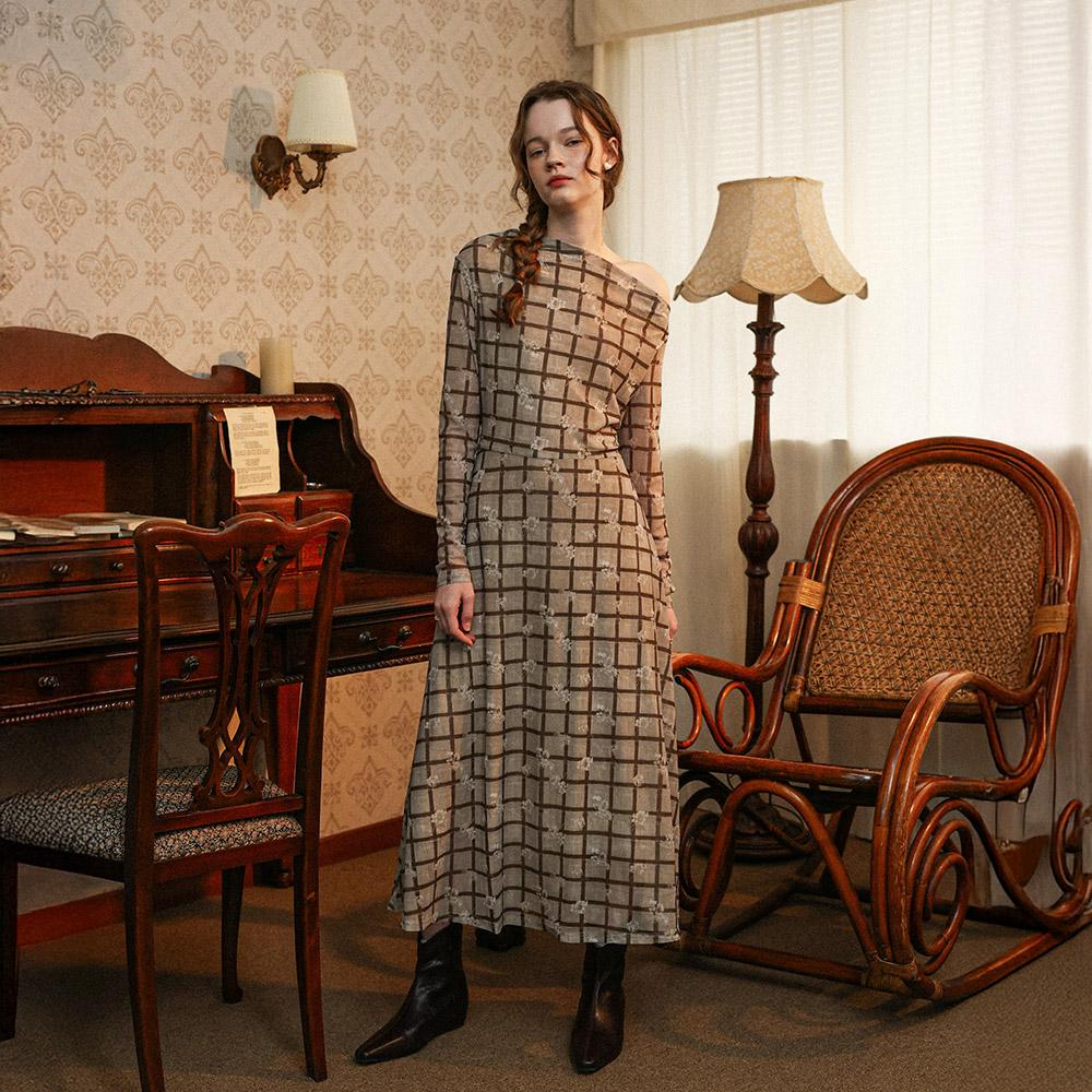 Deondeulob Dd_Проверка Платье с Цветочными Рукавами_Хаки Коричневый