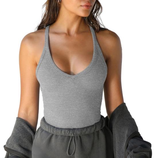 Женский летний топ с глубоким вырезом и V-образным вырезом без рукавов, эластичный трикотаж, мягкий впитывающий пот, однотонный, облегающий, спортивный топ на бретелях для упражнений