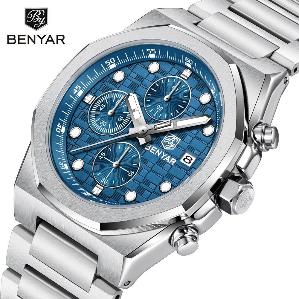 Benyar Multifunctional Men's Quartz Watch Stainless Steel Strap Alloy Case Chronometer 30M Waterproof Luminous Wristwatch