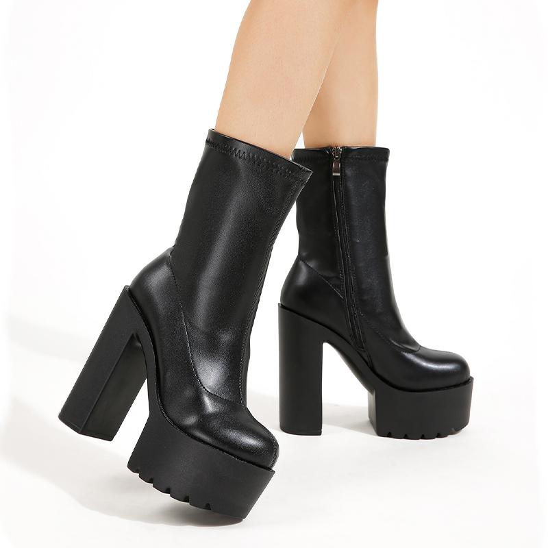 Ботинки на массивном носке на высоком каблуке, женские туфли на платформе, в готическом стиле, черные, из искусственной кожи с боковой молнией, женские модельные туфли, ботинки до середины икры для ночного клуба, белые