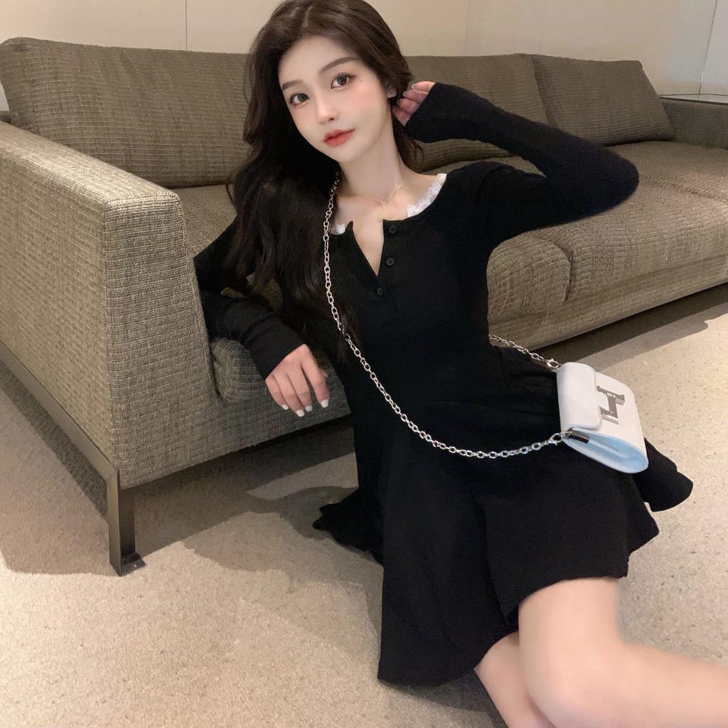 Вязаное черное платье с запахом, женское облегающее платье в корейском стиле, кружевное короткое платье с длинным рукавом, осеннее однотонное платье Kpop