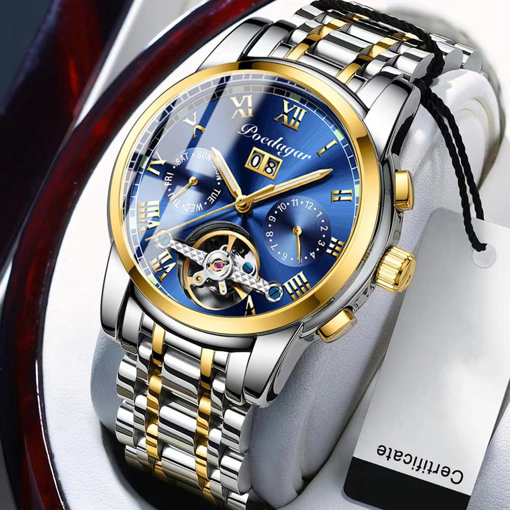 POEDAGAR Новые роскошные мужские часы ТОП-бренда с коробкой, автоматические водонепроницаемые полые многофункциональные светящиеся мужские механические часы