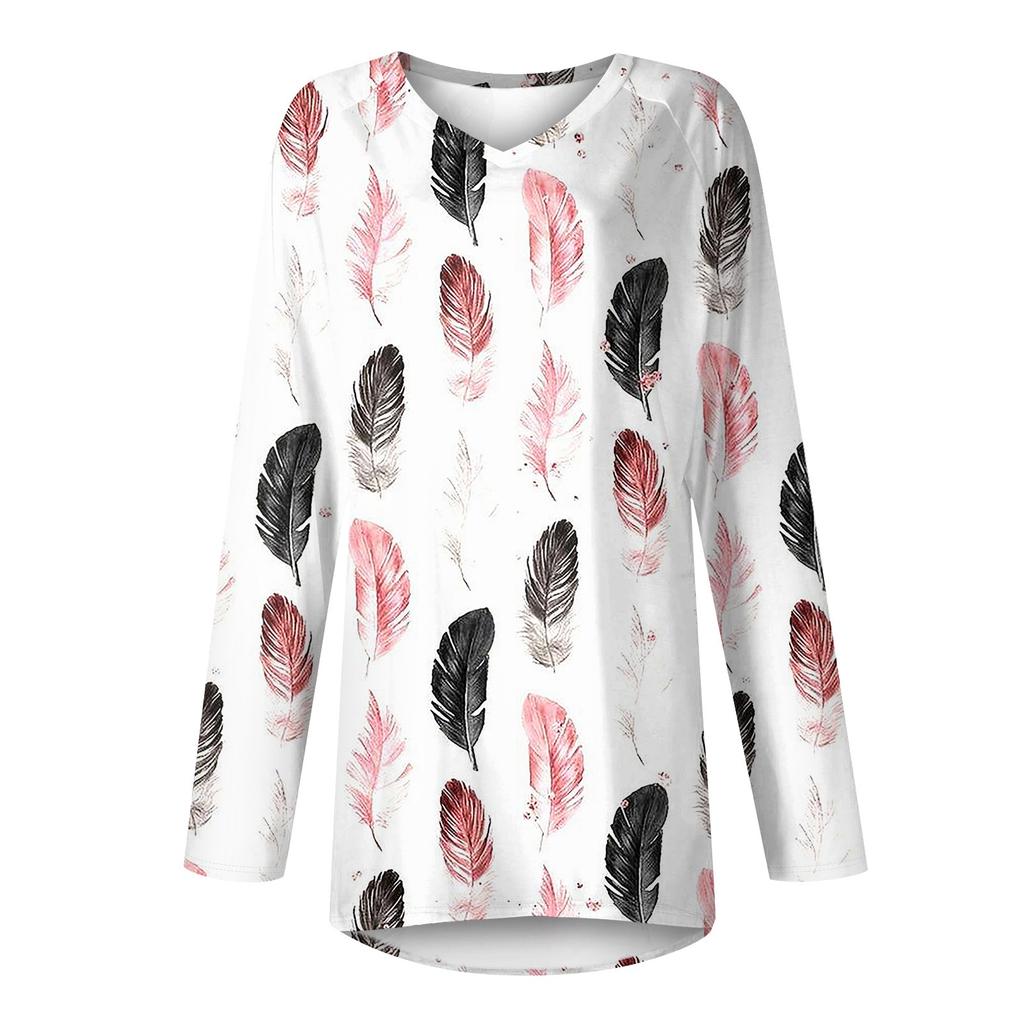 Women's Casual Long Sleeved V-neck Floral Print Long Loose T-shirt Top