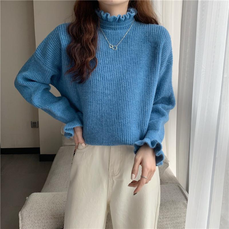Осень и зима новый трикотажный однотонный внутренний свитер с грибковой кромкой с длинным рукавом и полуводолазкой дизайн свитер топ для женщин