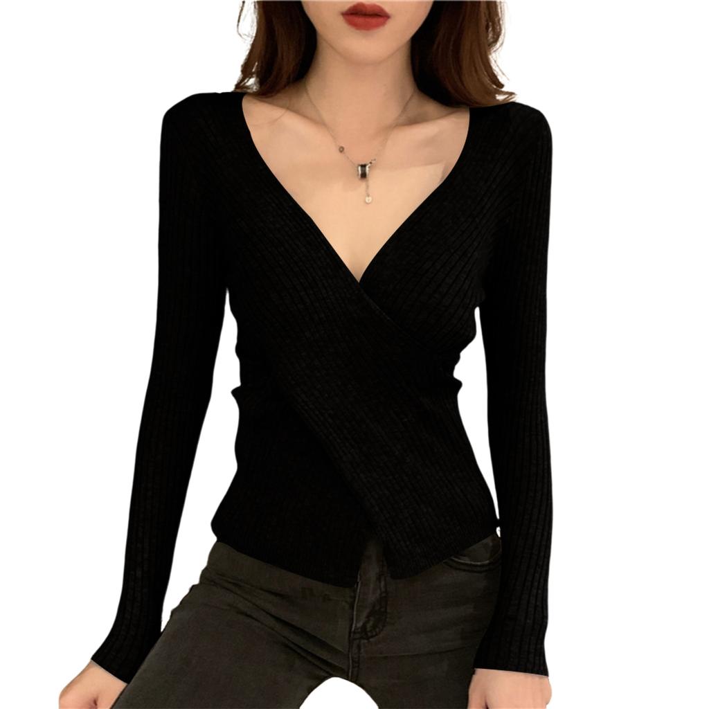 Women's V-neck Sweater Bottoming Shirt With Long Sleeves Cross-fitting Knitted Tights
