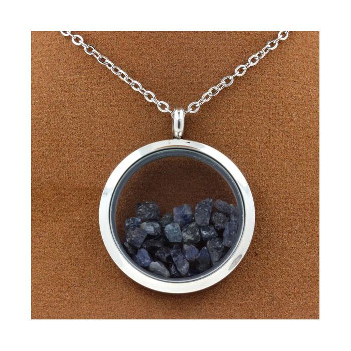 Stones and Minerals. Raw Sapphire Necklace. 20 Mm Medallion Model. Color Silver.