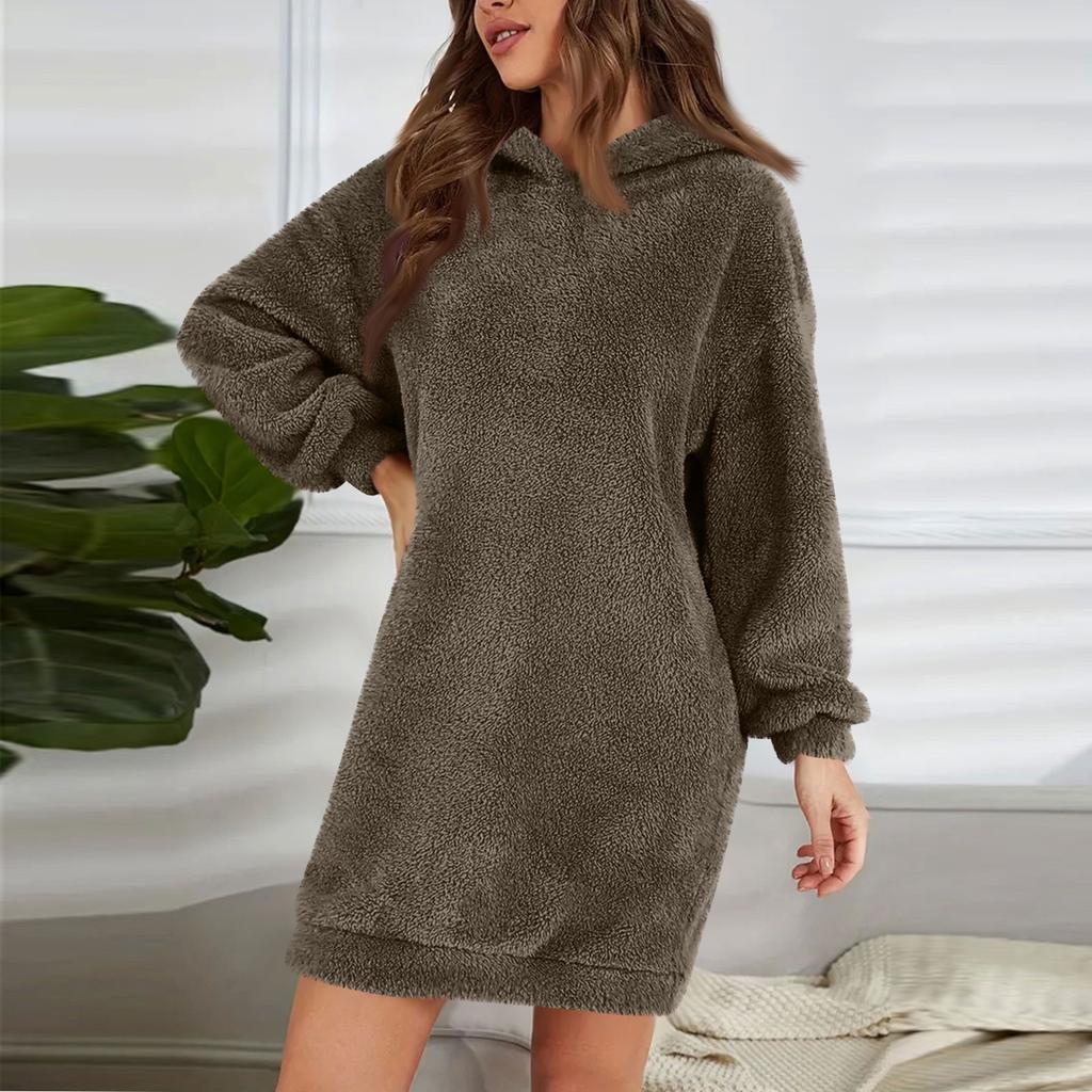 Женское модное однотонное плюшевое платье с капюшоном и длинными рукавами, свободная повседневная толстовка