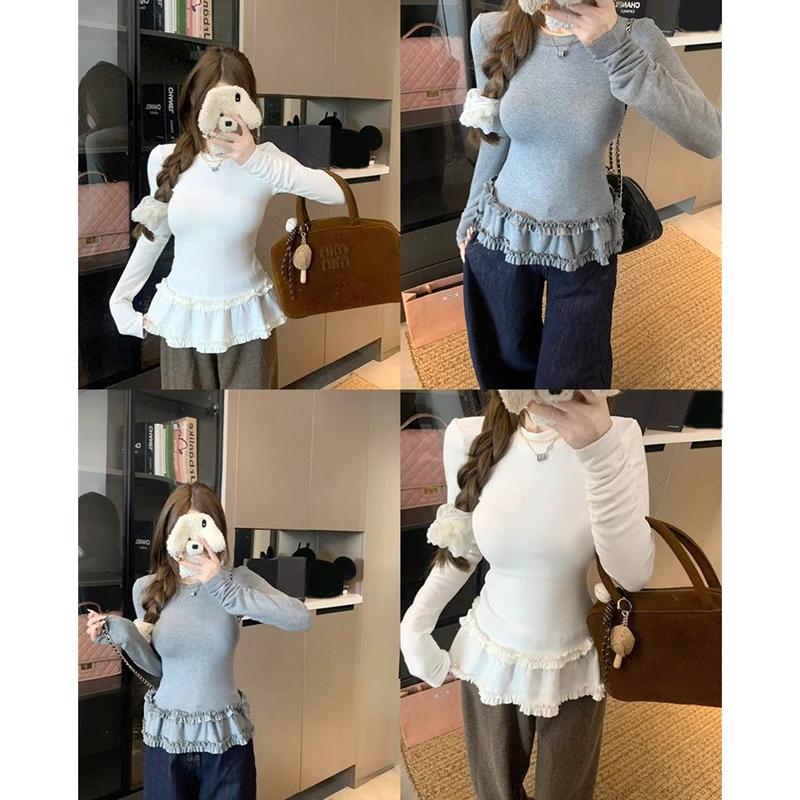 Women Fashion Slim Basic Ruffle Patchwork Long Sleeve T-Shirt Spring Autumn Winter Thickened Crew Neck Pullovers