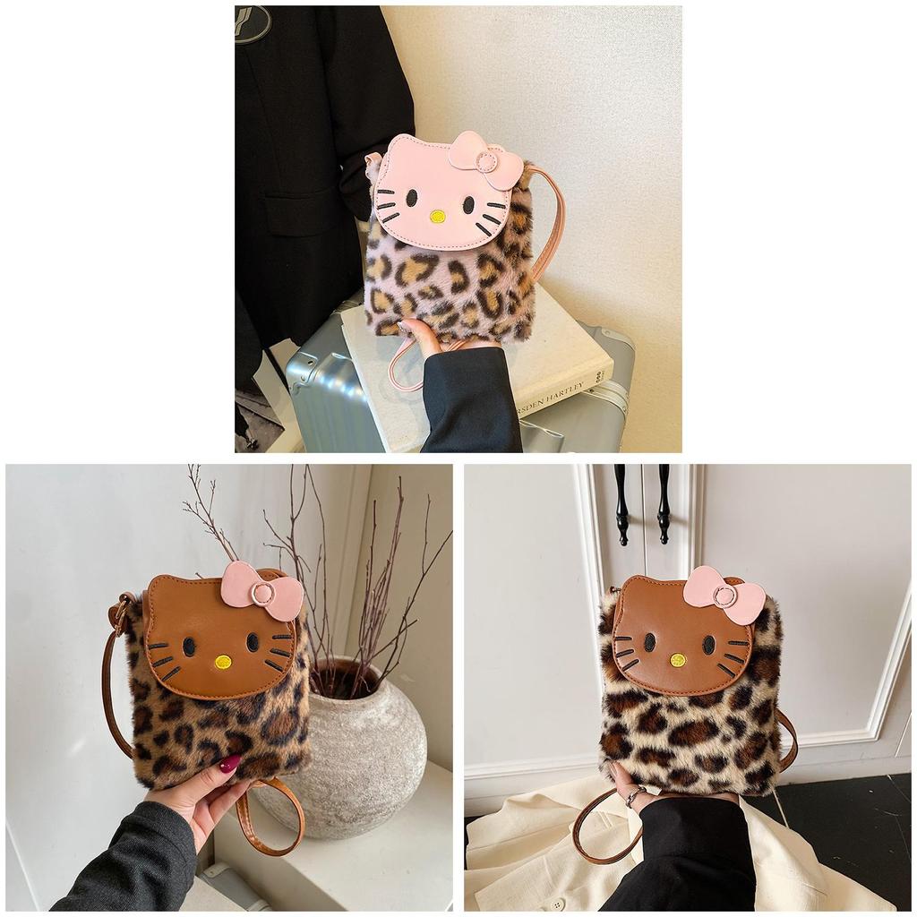 Hello Kitty Fashionable Unisex Nylon Crossbody Bag With Leopard Pattern And Inner Phone Slot For Daily Use