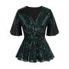 Women Sequin Tops V-Neck Ruffle Sleeves Glitter Blouses Waist Tight Elastic Hem Evening Cocktail Shiny Tops