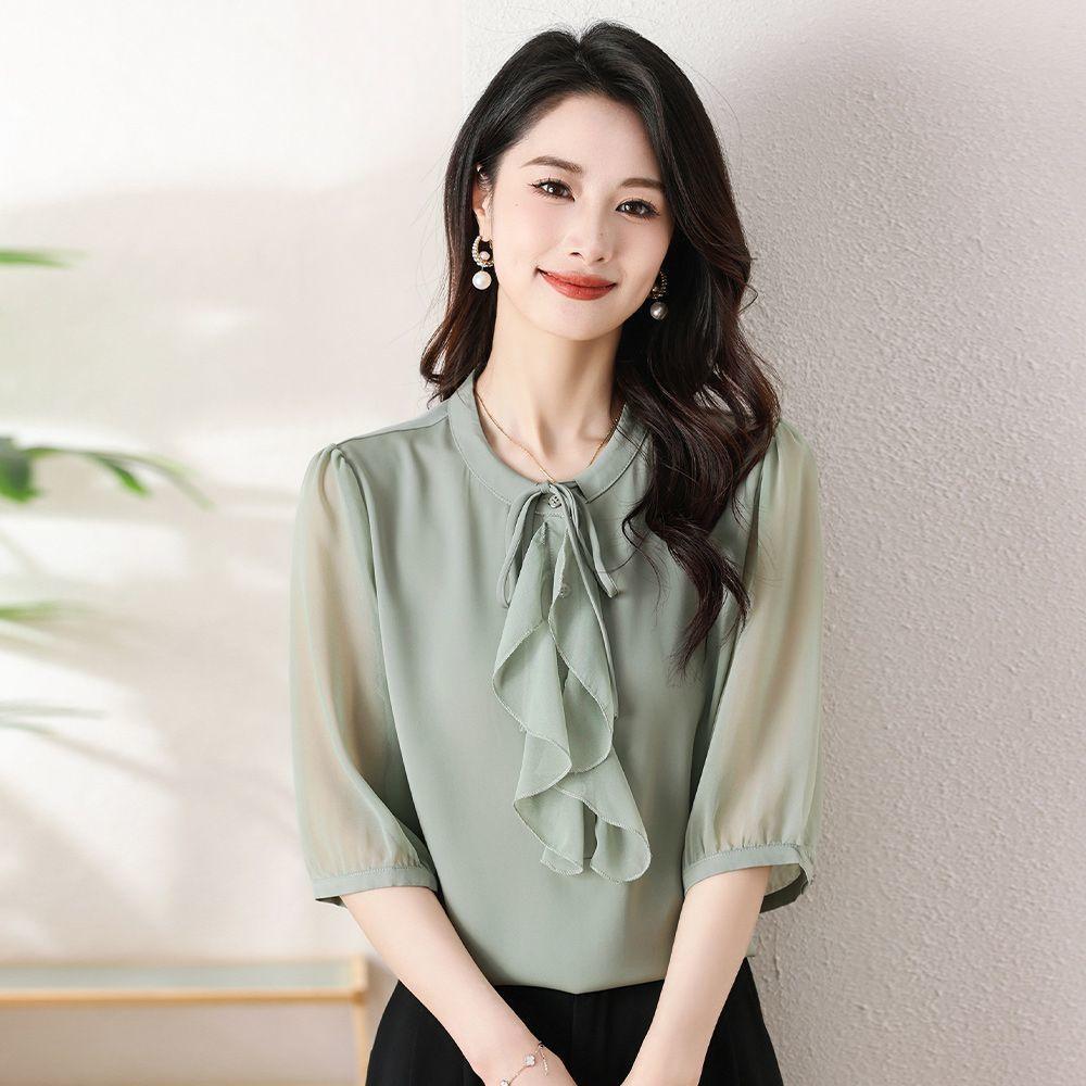 Chiffon Shirt for Women Five-quarter Sleeve Summer Lotus Leaf Collar Solid Color Fashionable Loose Thin Temperament Top