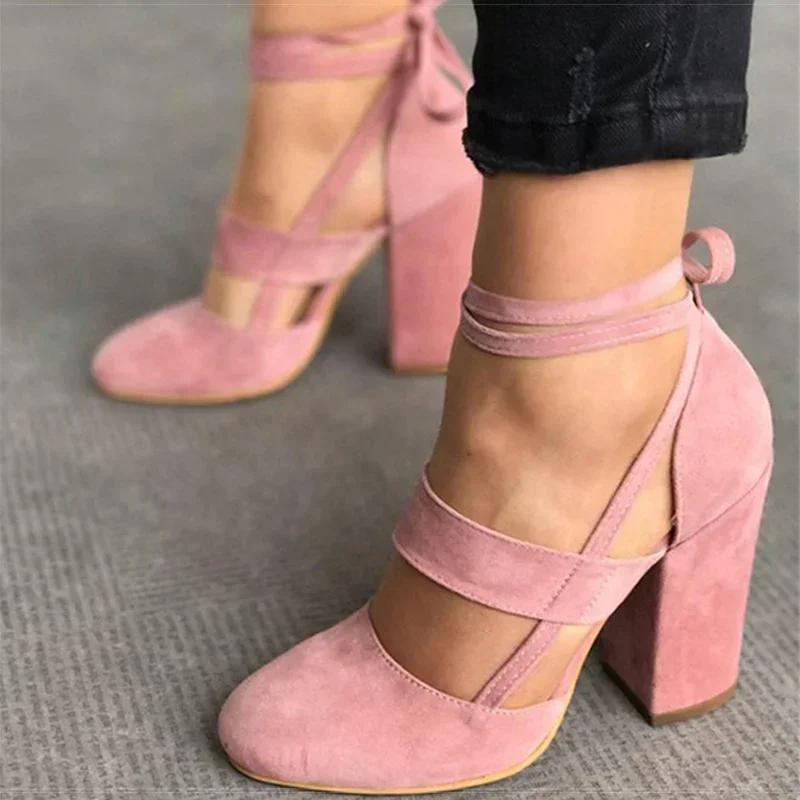 Модные женские туфли Sapatos Feminino большого размера 35-43, летние туфли-гладиаторы на высоком каблуке для вечеринки, свадебные туфли, модные туфли на толстом каблуке со шнуровкой, черные 2024