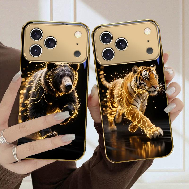 Леопард из линий Для iPhone Air 16 E 15PRO 14 13 Plus 12 mini 11 17 Pro Max XR 16E 17ProMax 17Pro Золотой стеклянный чехол для телефона