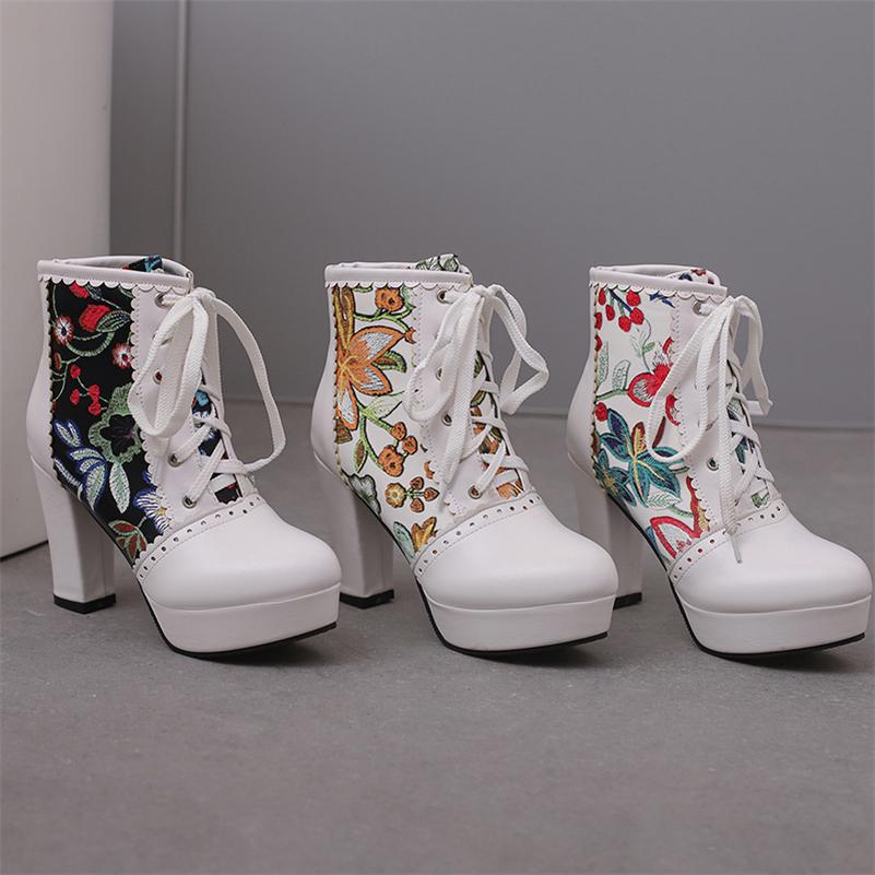 Женские ботильоны с круглым носком на толстом высоком каблуке и платформе с вышивкой на шнуровке разных цветов, женская модная зимняя обувь