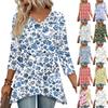 Womens Tops V-neck 3/4 Sleeve Blouses Casual Mid-length Shirts Fashion Print Tunic Tops