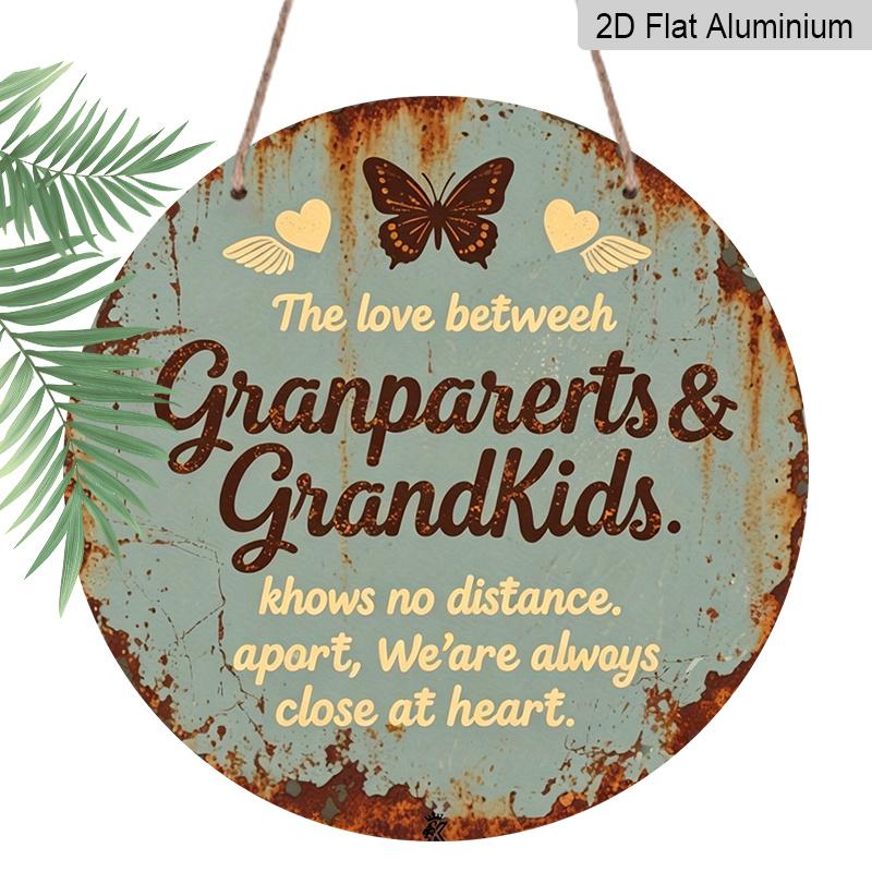 2D Flat, 1pc Round Aluminum Grandparents & Grandkids Love Sign, Vintage Rustic Butterfly & Heart Wall Decor, Waterproof & Durable, Themed Around The