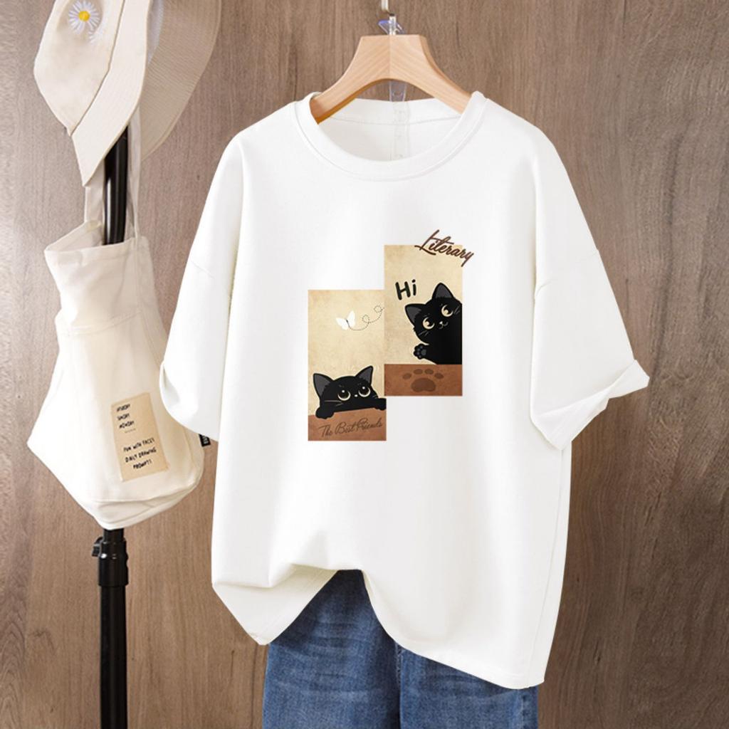 Pure Cotton Cat Printed Short-sleeved T-shirt for Women In Summer New Loose Large-size Half-sleeved Top