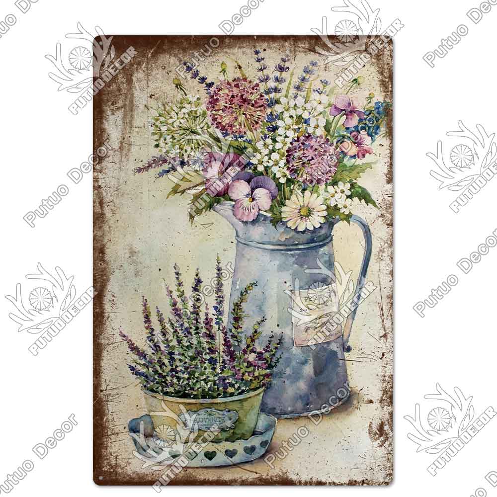 Putuo Decor Цветок Винтажная Металлическая Табличка Жестяная Табличка Декоративная Табличка Сад Гостиная Кухня Клуб Декор Настенное Украшение