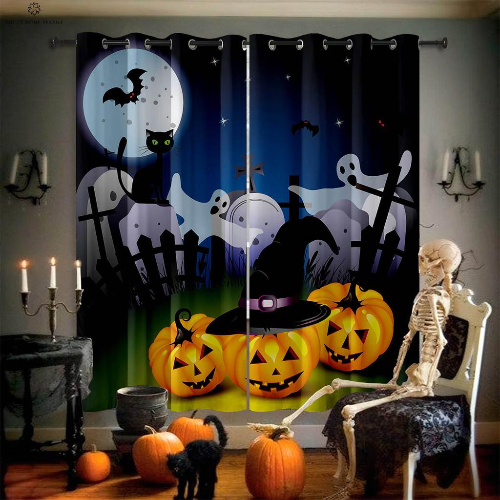 Карточные Хэллоуинские Занавески для Окон, Ужасный Узор с Тыквой и Призраком, Спальня, Ресторан, Вечеринка, 2 шт.