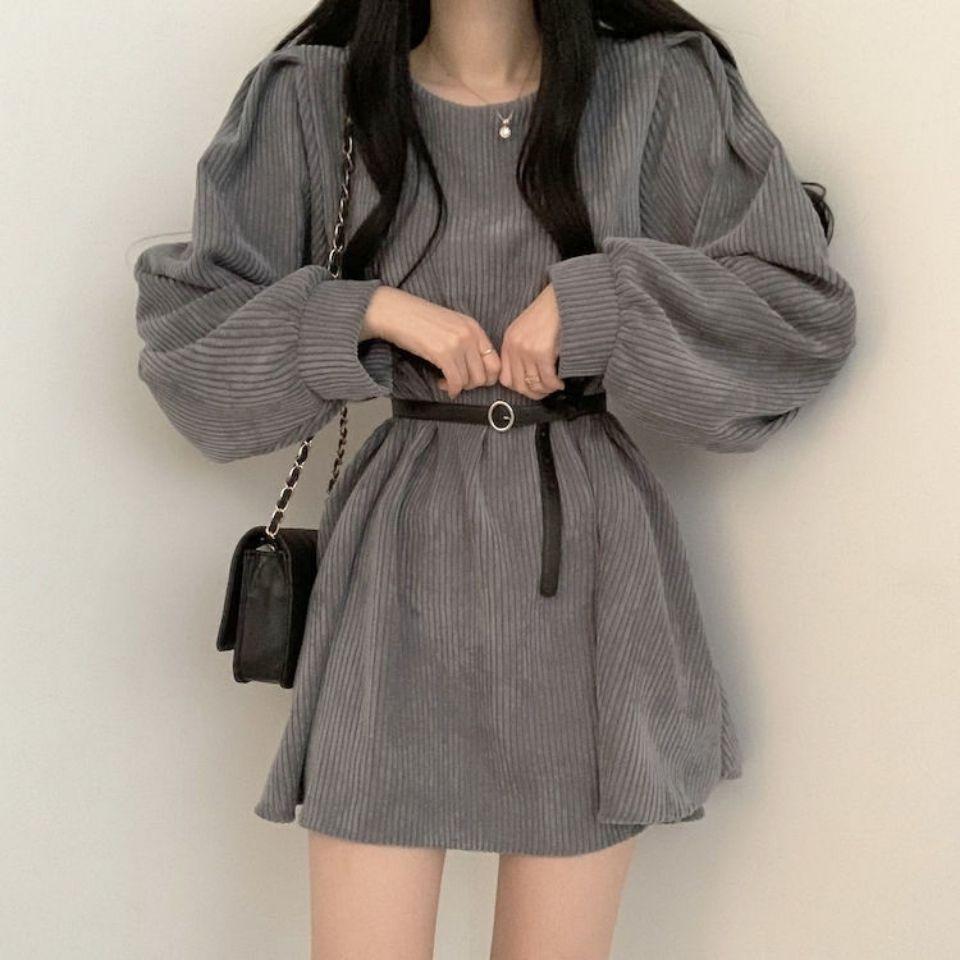 Осенние вельветовые платья с поясом, женские корейские элегантные платья с рукавами-фонариками, повседневные мини-платья в стиле Харадзюку, элегантные однотонные платья для всех случаев