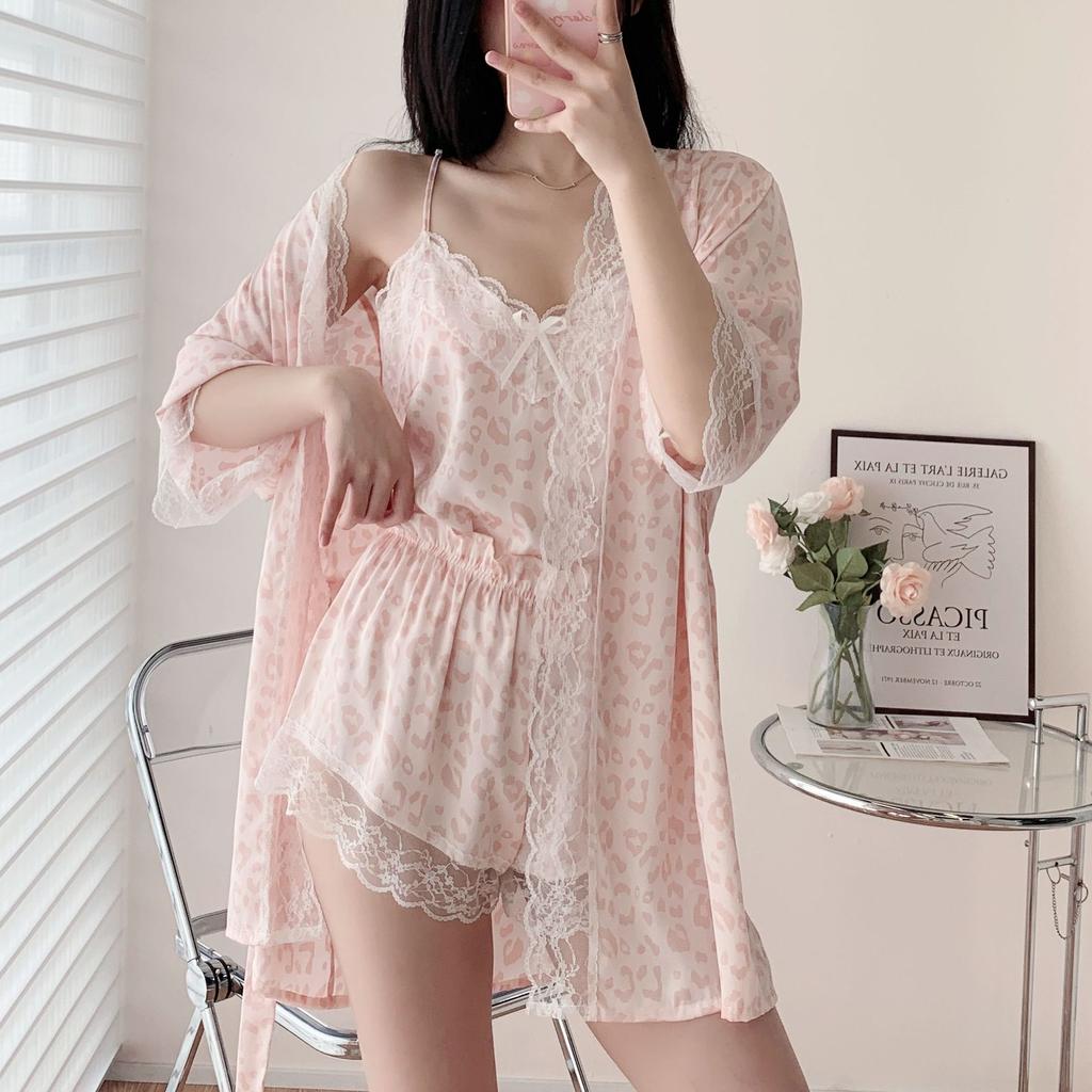 Ladies Pajama Set Summer Silk Kimono Robe Print Leopard Print 3 Piece Sleeping Set Camisole Shorts Lace Pajamas