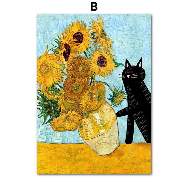 Funny Art Matisse Monet Black Cat Van Gogh Sunflowers Canvas Posters and Prints Wall Pictures for Living Room Decor