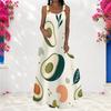 Women Plus Size Scoop Neck Strappy Sleeveless Fruit Leaf Printed A Line Maxi Dress