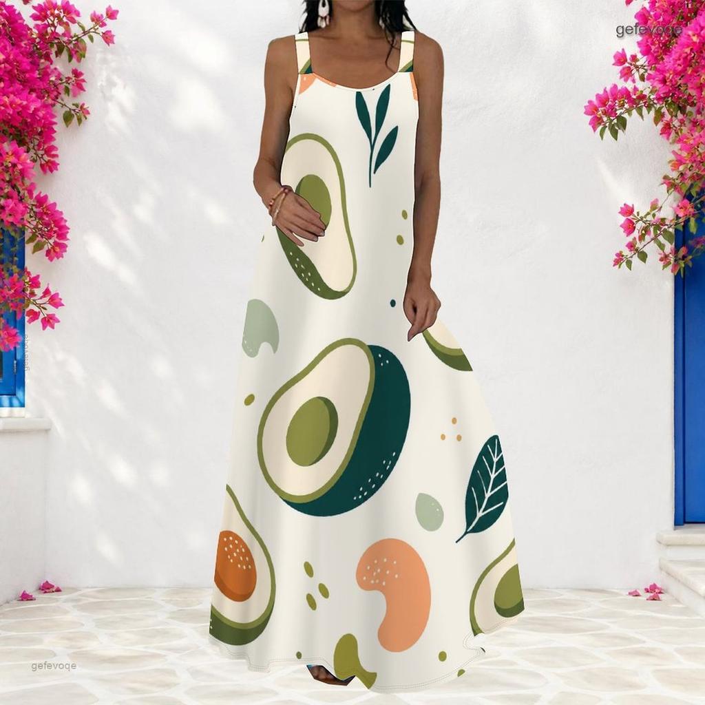 Women Plus Size Scoop Neck Strappy Sleeveless Fruit Leaf Printed A Line Maxi Dress