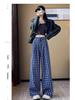Women's Retro Plaid Double-Breasted Straight-Leg Wide-Leg Pants - Zhao Lusi Style, Spring & Autumn Collection in Blue.