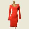 Foreign Trade Original Order Long Dress Western Style Square Collar Long Sleeve Side Slit Slim Fit Slimming Sheath Long Sleeve Knitted Dress