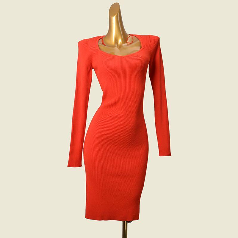 Foreign Trade Original Order Long Dress Western Style Square Collar Long Sleeve Side Slit Slim Fit Slimming Sheath Long Sleeve Knitted Dress