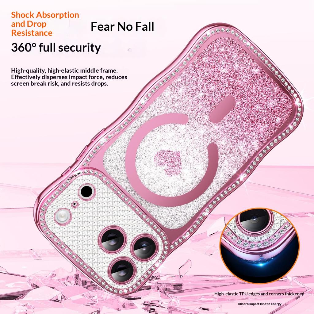 Для iPhone 17 Pro Магнитный чехол Электроокрашенный Волнообразный каркас Декор из страз ТПУ ПК Чехол для телефона с блестящей бумагой в виде сердца