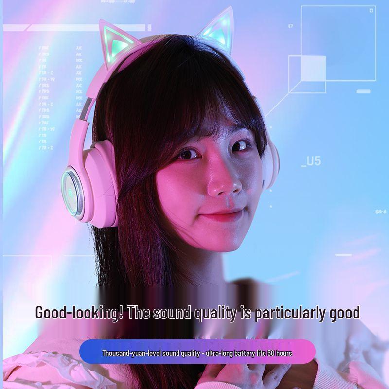 Светящиеся беспроводные Bluetooth накладные наушники с кошачьими ушками 2025 - Игровые и спортивные, Тяжелый бас, Совместимы с мобильными устройствами и ПК