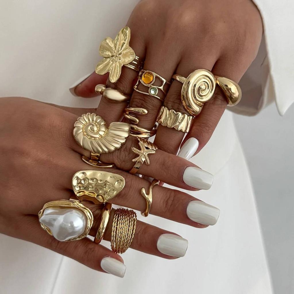 SHIXIN 14pcs/set Bohemian Conch Flower Open Ring for Women Fashion Imitation Pearl Rhinestone Knuckle Ring Set Vacation Jewelry