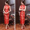 Women Summer Cheongsam Stand Collar Floral Print Hollow Out Split Hem Sleeveless Qipao Slim Fit Retro Chinese Style