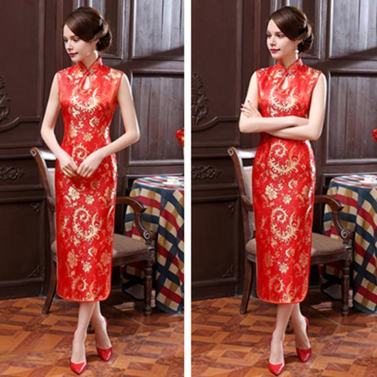 Women Summer Cheongsam Stand Collar Floral Print Hollow Out Split Hem Sleeveless Qipao Slim Fit Retro Chinese Style