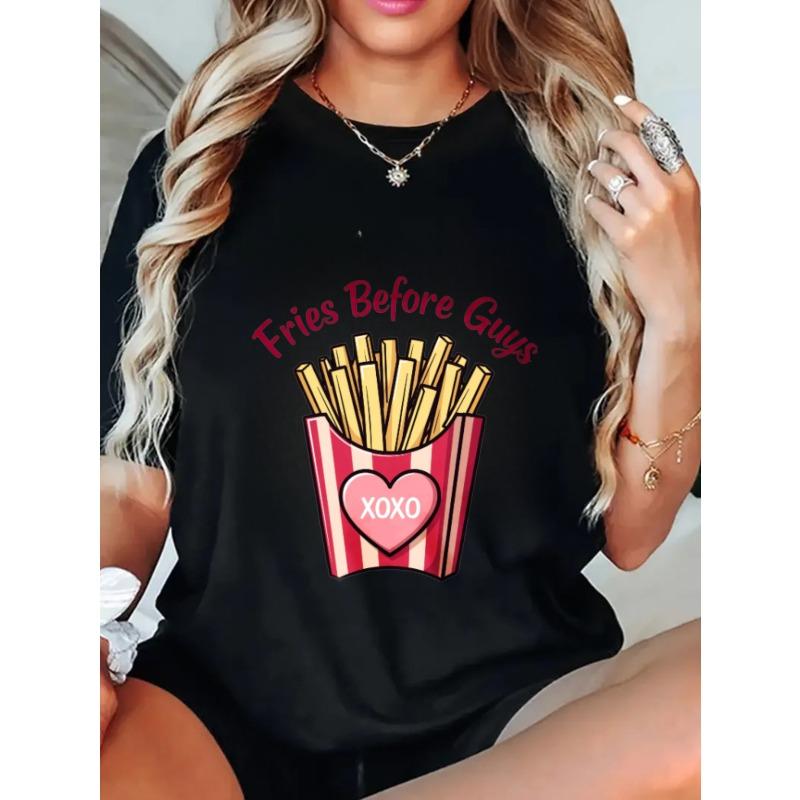 Oversized T Shirt Black Fries Before Guys Graphic With Heart XOXO Print Casual Wear For Women Summer Outfit Street Style Fashion Top