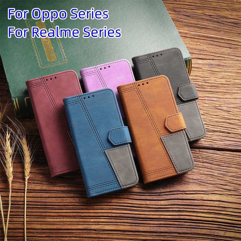 For Oppo/Realme All Series Oppo A7,Reno5,A94,C21Y,A52,A72,Narzo 50A...Hand Rope Style Splicing Design PU Leather Flip Stand Wallet Phone Case