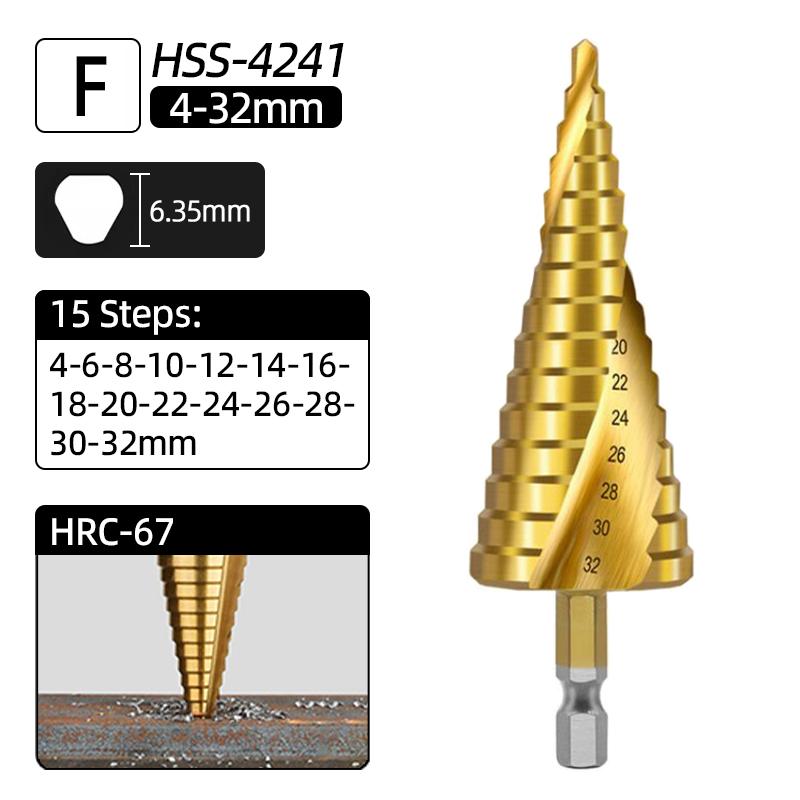 HSS Титановое ступенчатое сверло Кобальтовое 4-32мм Спиральная Прямая канавка 1/4 Шестигранник Дерево Металл Резак для отверстий Коническое ступенчатое сверло Конусные инструменты