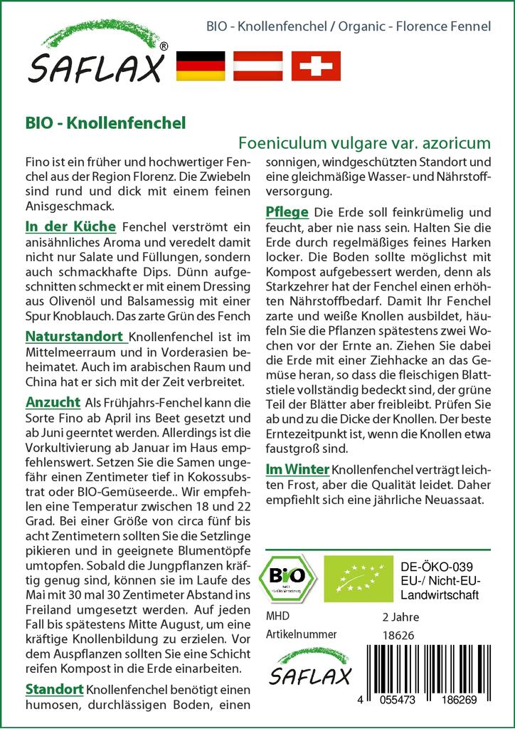 SAFLAX Garden in the Bag - Органический - Фенхель Флоренс - 100 семян - С субстратом в подходящем пакете - Foeniculum vulgare