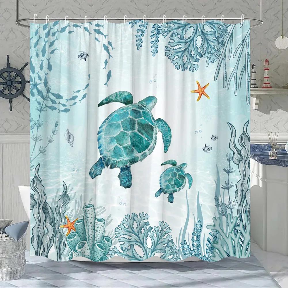 Занавеска для душа с морскими животными Подводный мир Коралл Морской тематики Морская черепаха Приключение Дом Полиэстеровая ткань Декор для ванной комнаты Шторы