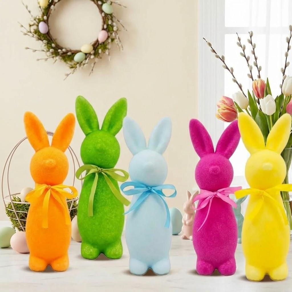 Декор Easter Bunny из вспененного материала, флокированный, Пасхальный стоящий кролик со бабочкой, Пасхальный centerpiece, Настольная фигурка кролика