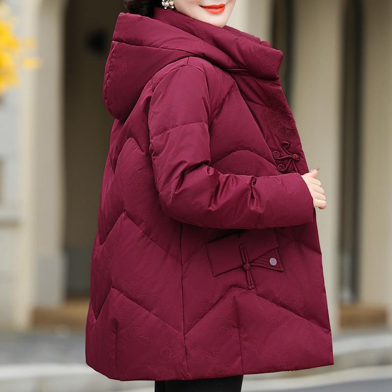 Middle Age Women Winter Short Down Jackets Vintage Embroidery Parkas Hooded Elegant Thick Warm Plus Size Down Coats Woman Outerwears