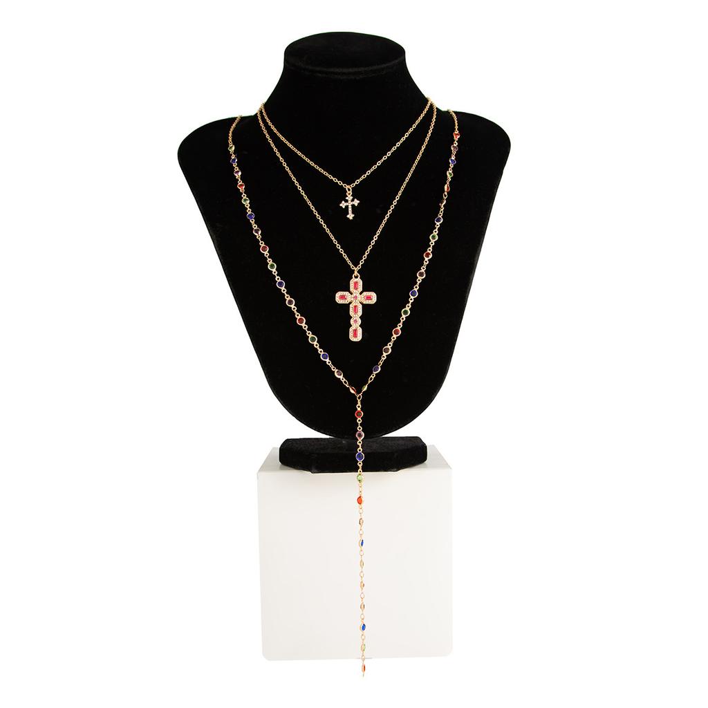 3Pcs/Set Colorful Crystal Cross Pendant Necklace for Men Hip Hop Adjustable Choker Collar Chain Christian Jewelry Accessories