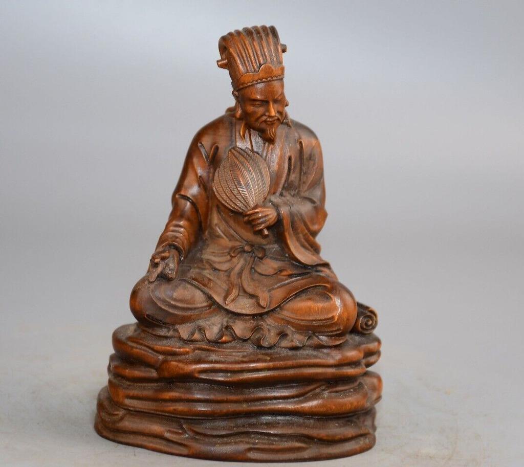 Chinese Antique Vintage Boxwood Carving Exquisite Zhuge Liang Statue Home Decor