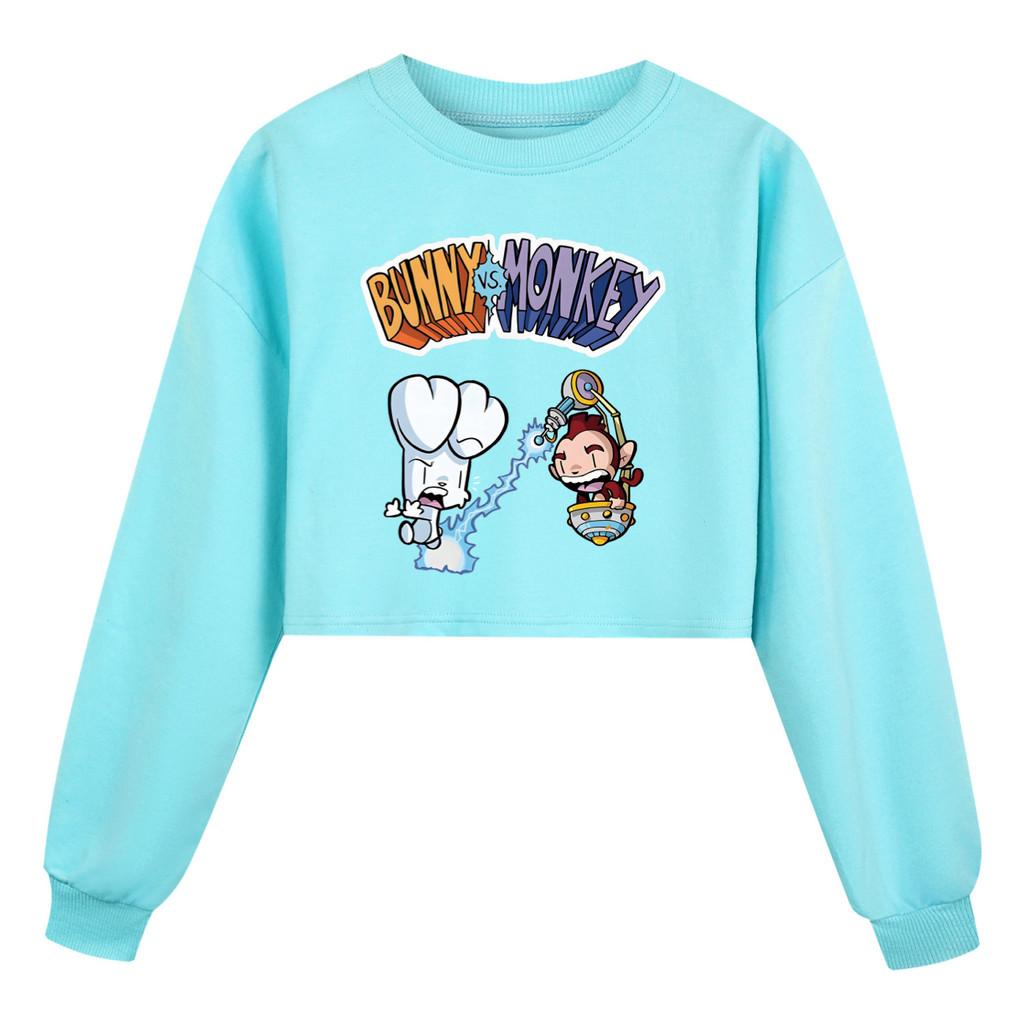 4187 Kids Girls Bunny Monkey Printed Casual Long Sleeves Short Style Sweatshirt