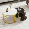 2-in-1 Round MDF Coffee Table, Side Table with Glossy Top and 1 White Marble Top, Living Room Table Combination with 2 Drawers, 70*70*46 + 50*50*40 cm