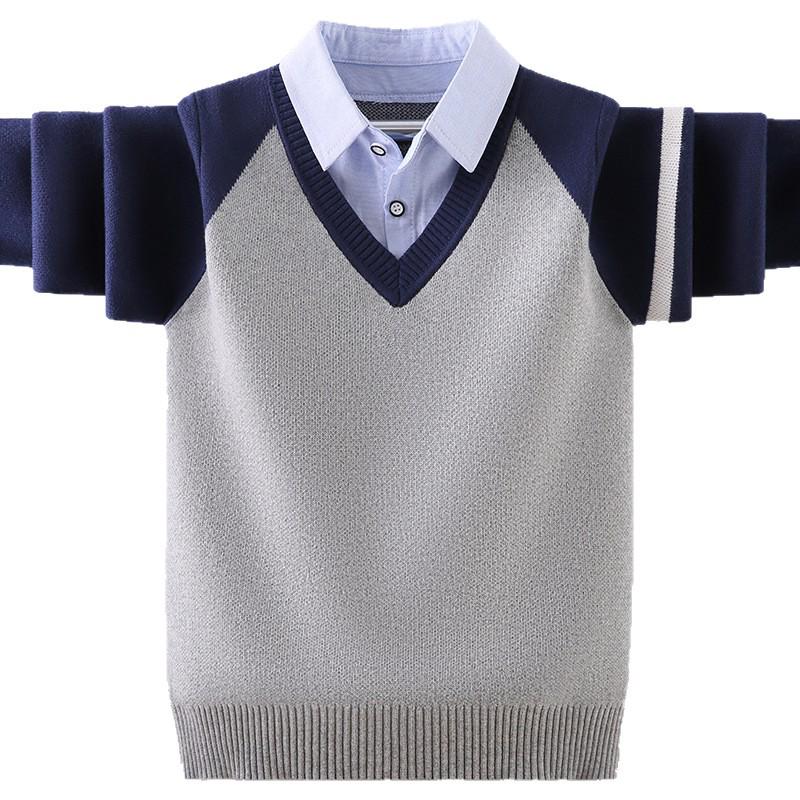 Вязаный свитер для мальчиков на флисовой подкладке: Плотный, Дизайн «Двойка» для Весны/Осени/Зимы