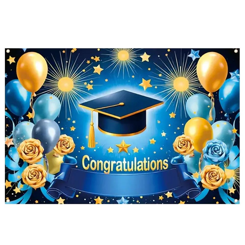 2025 Happy Graduation Backdrop Glitter Balloon Bachelor Cap Grad Class of Graduates Party Photography Background Decor Supplies